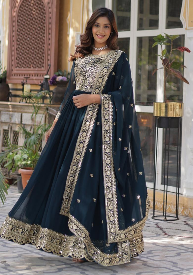 Rama Green Embroidererd Georgette Anarkali Set With Dupatta