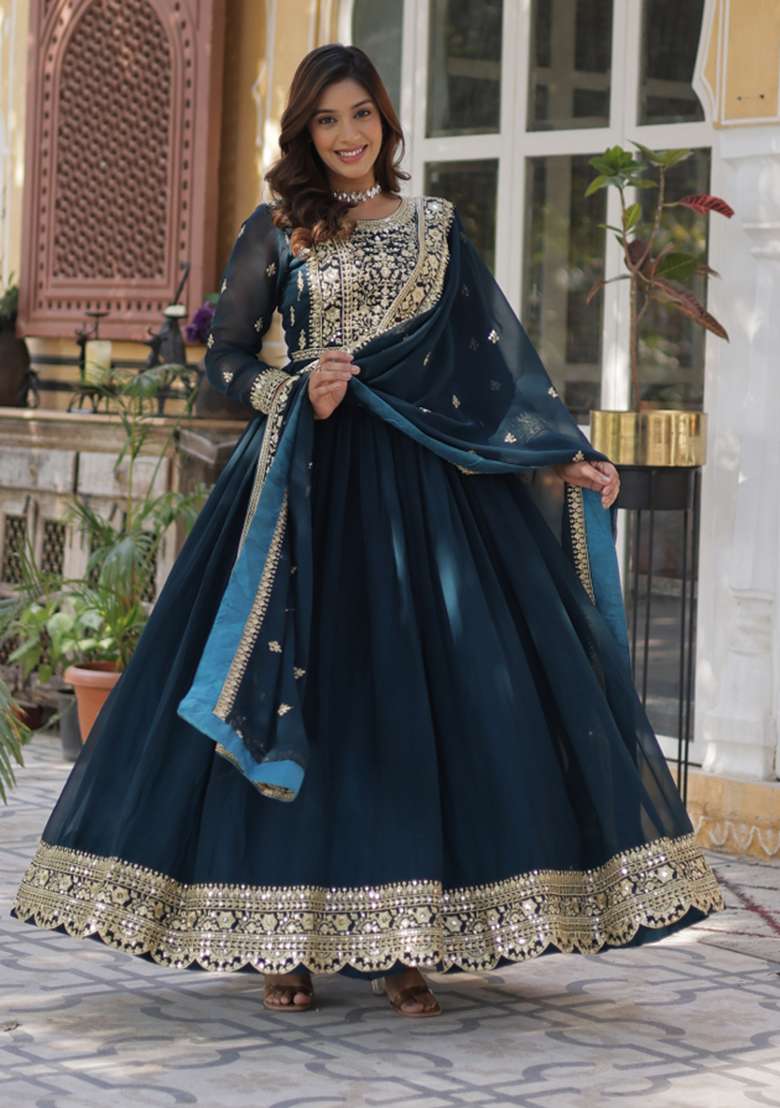 Rama Green Embroidererd Georgette Anarkali Set With Dupatta - Indya