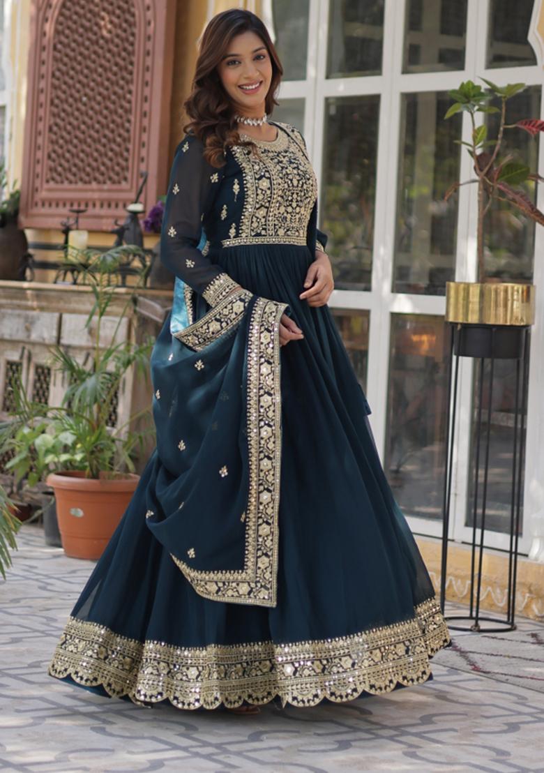 Rama Green Embroidererd Georgette Anarkali Set With Dupatta