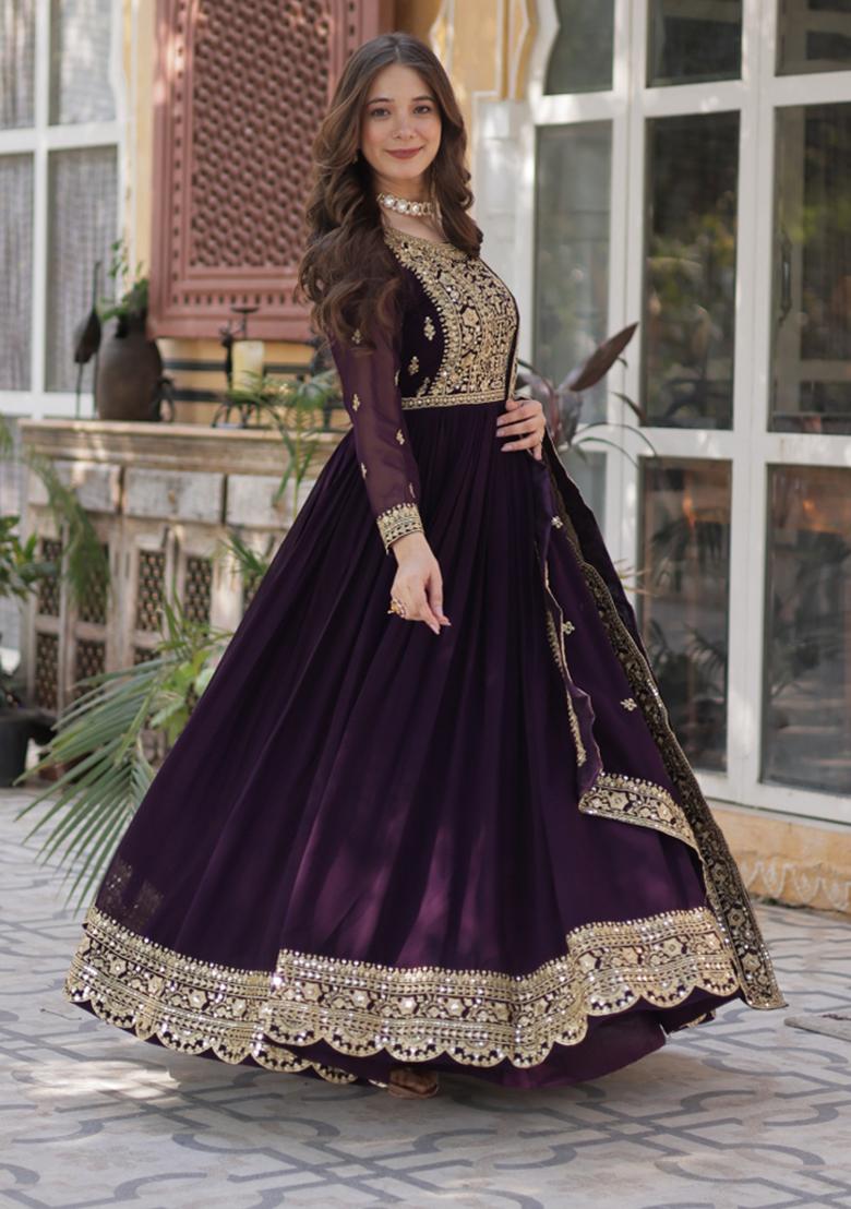 Wine Embroidererd Georgette Anarkali Set With Dupatta