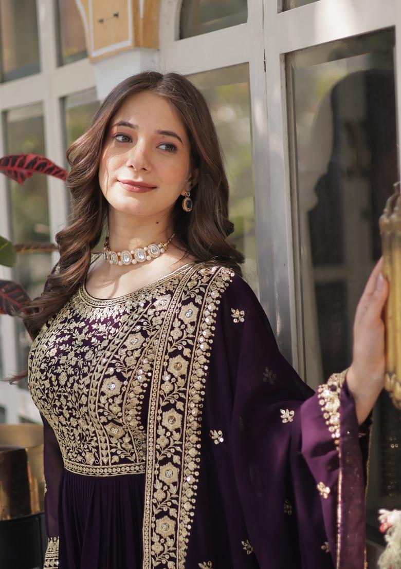 Wine Embroidererd Georgette Anarkali Set With Dupatta