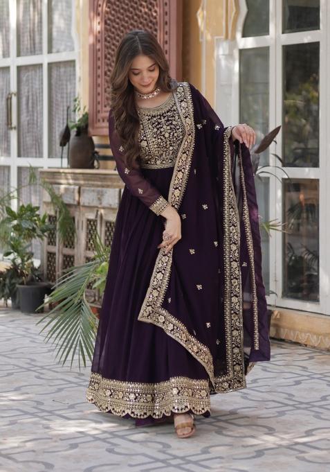 Wine Embroidererd Georgette Anarkali Set With Dupatta