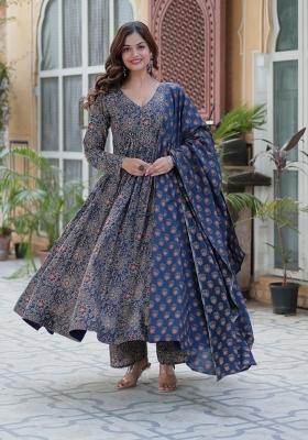 Blue Designer Printed Cotton Anarkali Set With Dupatta