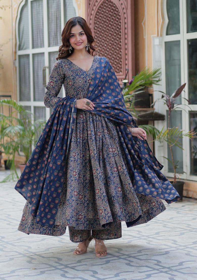 Blue Designer Printed Cotton Anarkali Set With Dupatta