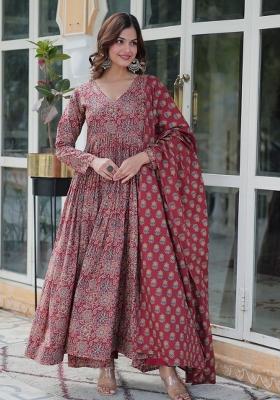 Maroon Designer Printed Cotton Anarkali Set With Dupatta