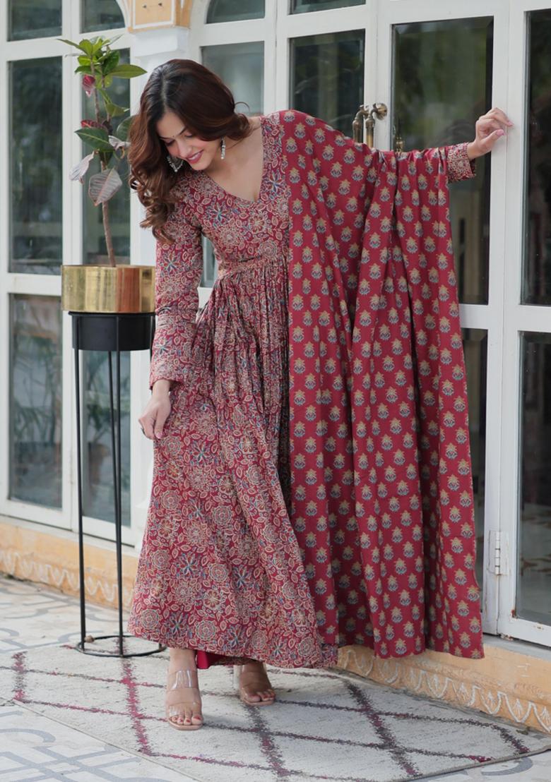 Maroon Designer Printed Cotton Anarkali Set With Dupatta
