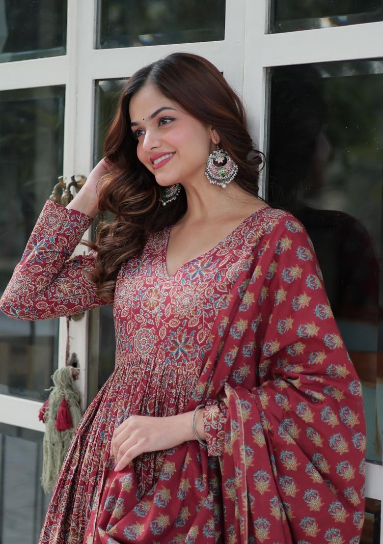 Maroon Designer Printed Cotton Anarkali Set With Dupatta