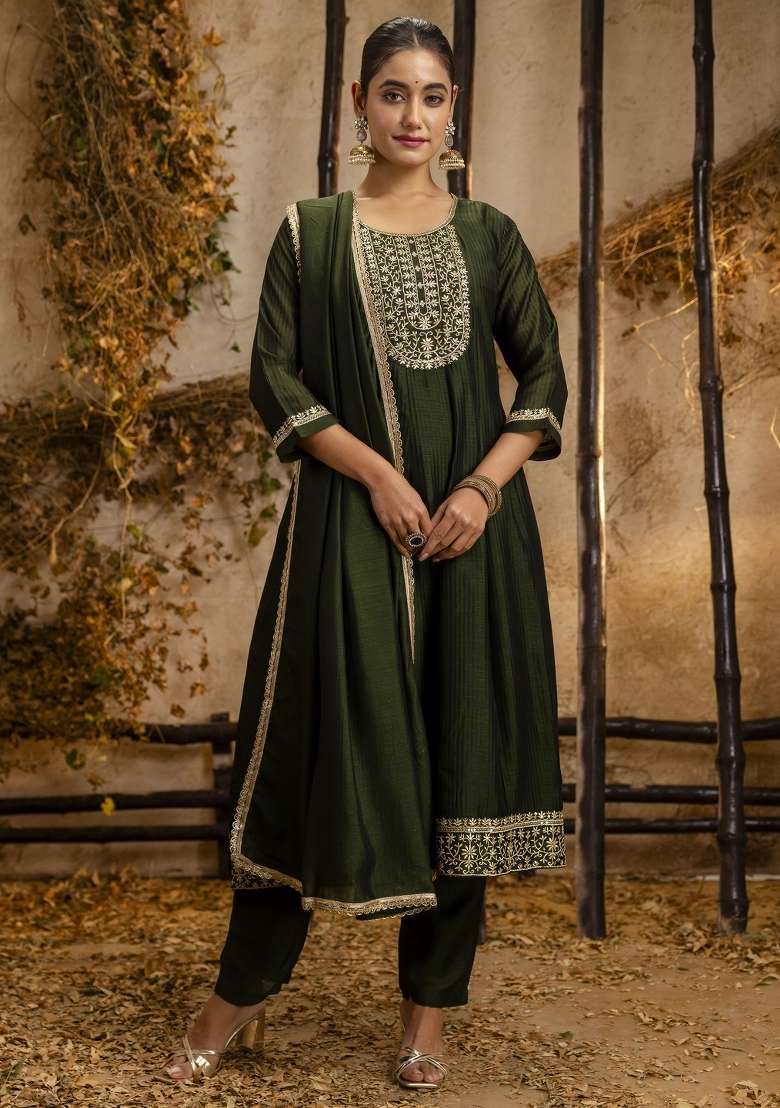Green Embroidererd Silk Blend Anarkali With Dupatta - Indya