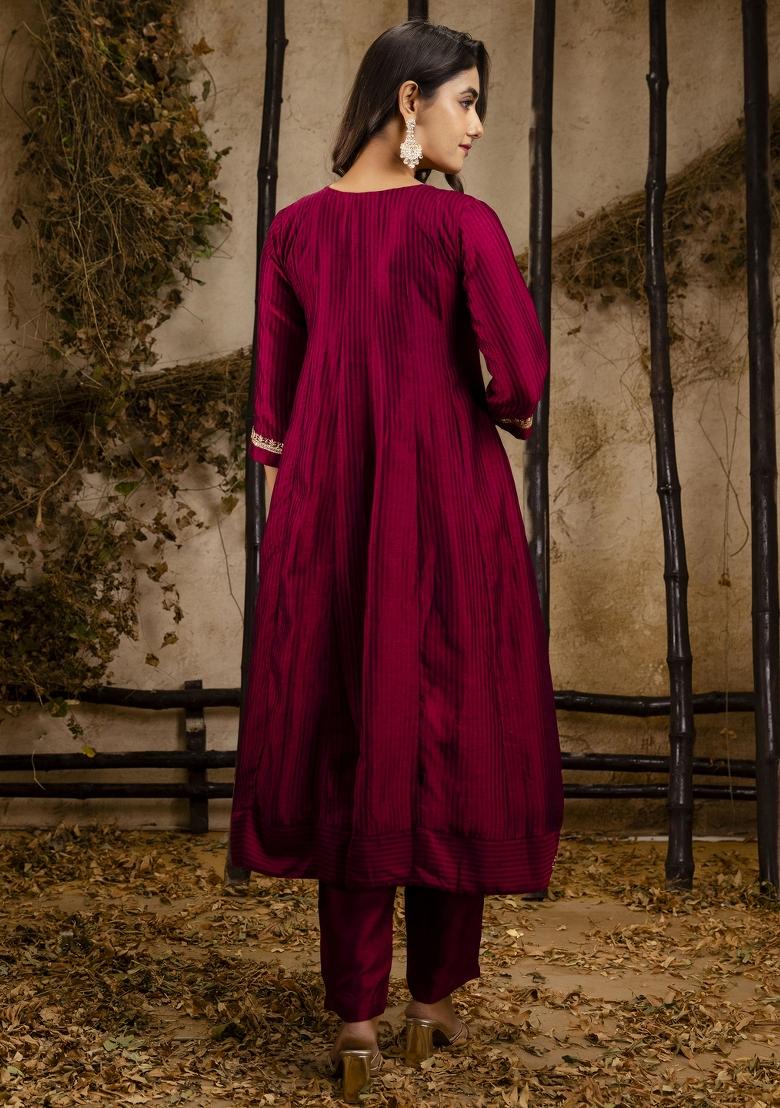 Maroon Embroidererd Silk Blend Anarkali Set With Dupatta