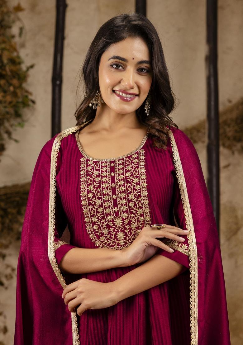 Maroon Embroidererd Silk Blend Anarkali Set With Dupatta