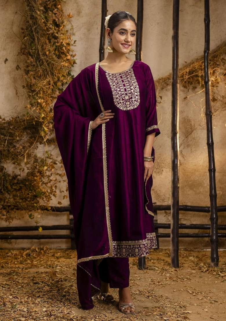Purple Embroidererd Silk Blend Anarkali With Dupatta - Indya