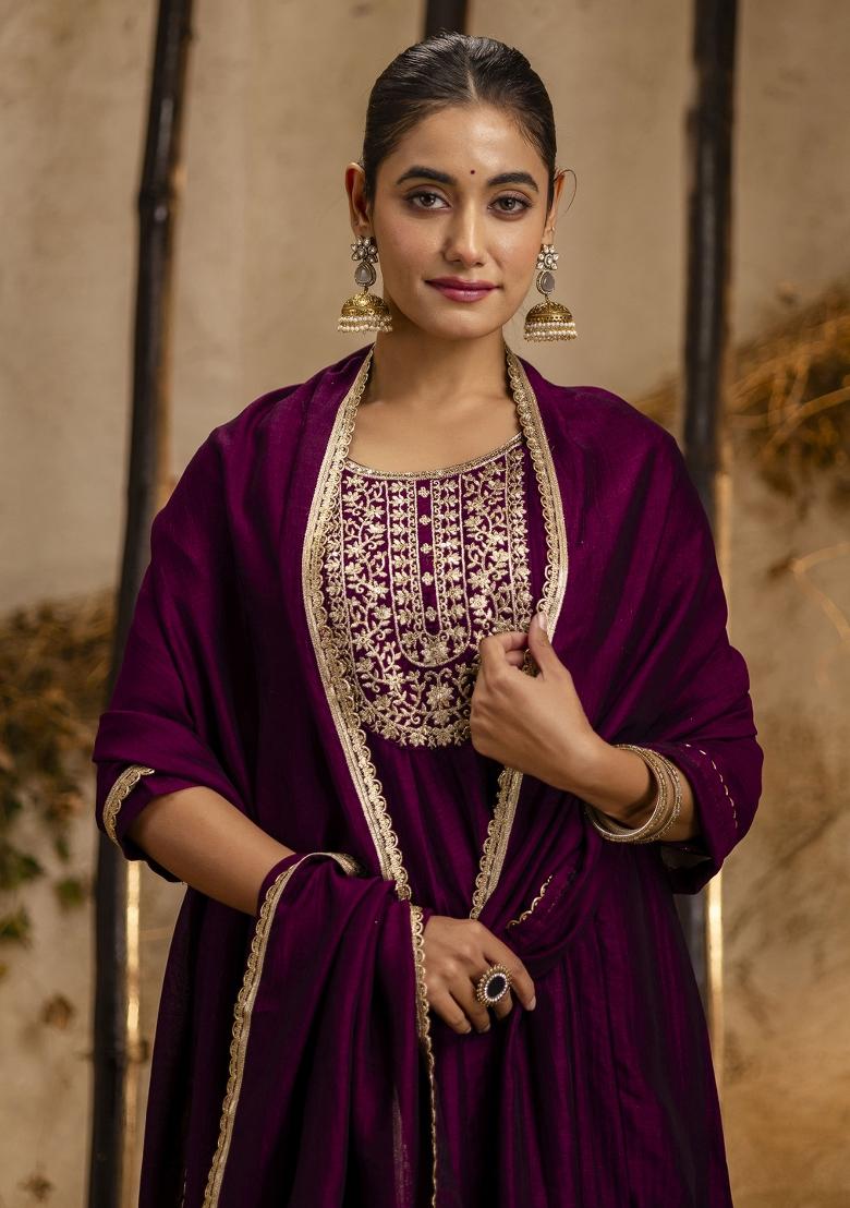 Purple Embroidererd Silk Blend Anarkali Set With Dupatta