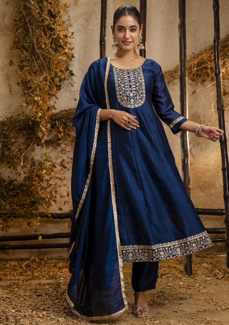 Blue Embroidererd Silk Blend Anarkali Set With Dupatta