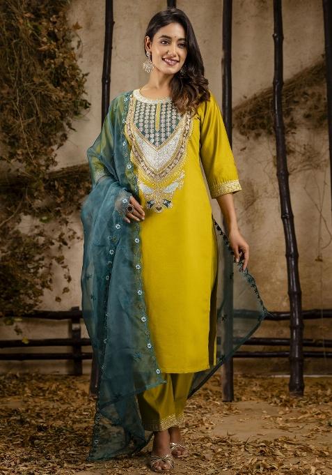 Lemon Yellow Embroidererd Rayon Salwar Kameez With Dupatta