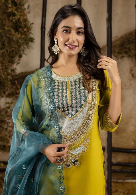 Lemon Yellow Embroidererd Rayon Salwar Kameez With Dupatta