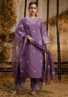 Lavender Embroidererd Silk Blend Palazzo Set With Dupatta