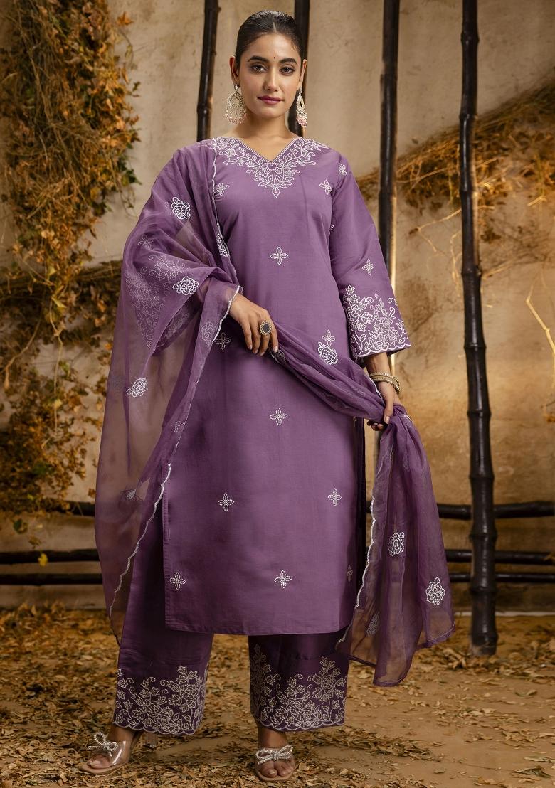 Lavender Embroidererd Silk Blend Palazzo Set With Dupatta