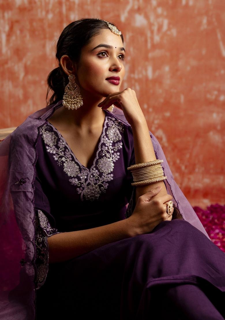 Purple Embroidererd Silk Blend Palazzo Set With Dupatta