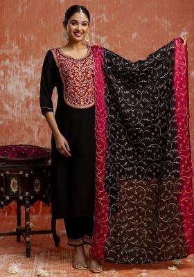 Black Embroidererd Rayon Salwar Kameez With Dupatta