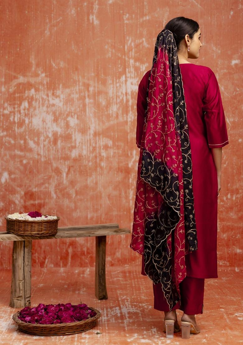 Maroon Embroidererd Rayon Salwar Kameez With Dupatta
