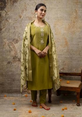Mehendi Green Wevon Designer Shimmar Silk Salwar Kameez With Dupatta