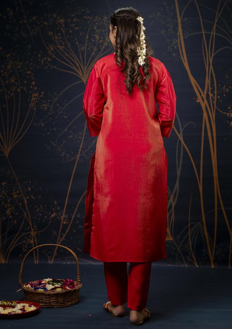 Red Wevon Designer Shimmar Silk Salwar Kameez With Dupatta