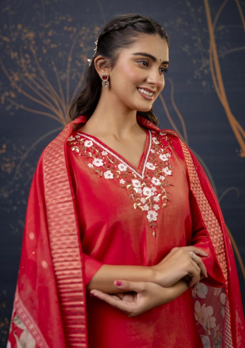 Red Wevon Designer Shimmar Silk Salwar Kameez With Dupatta