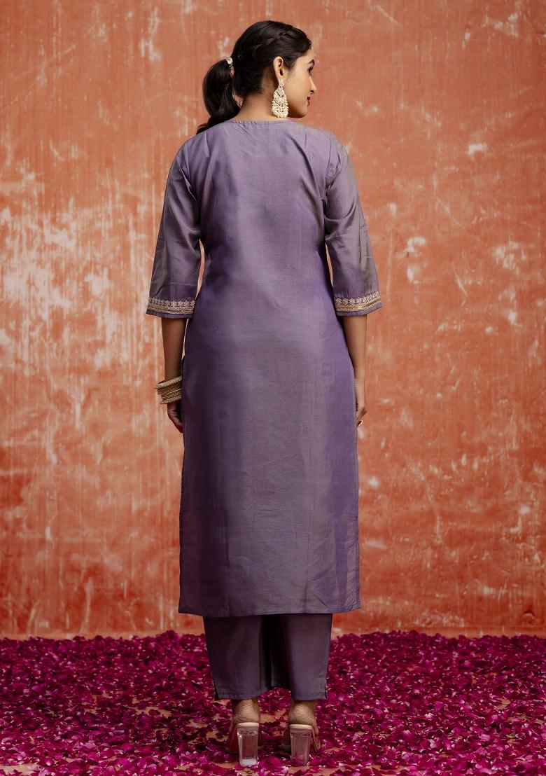 Lavender Embroidererd Silk Blend Salwar Kameez With Dupatta