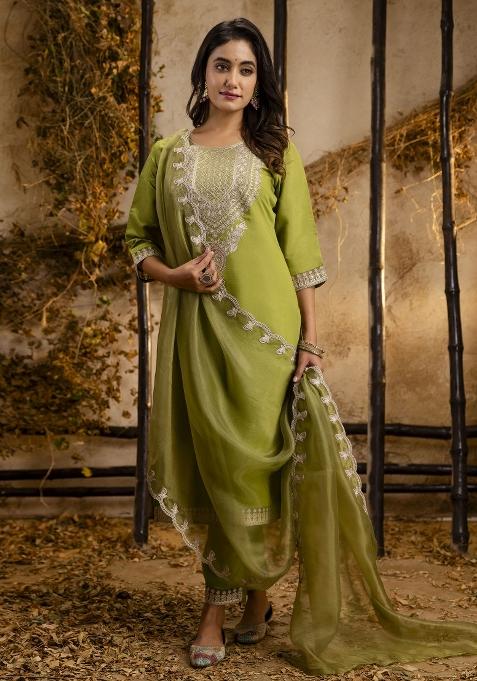 Pista Green Embroidererd Silk Blend Salwar Kameez With Dupatta