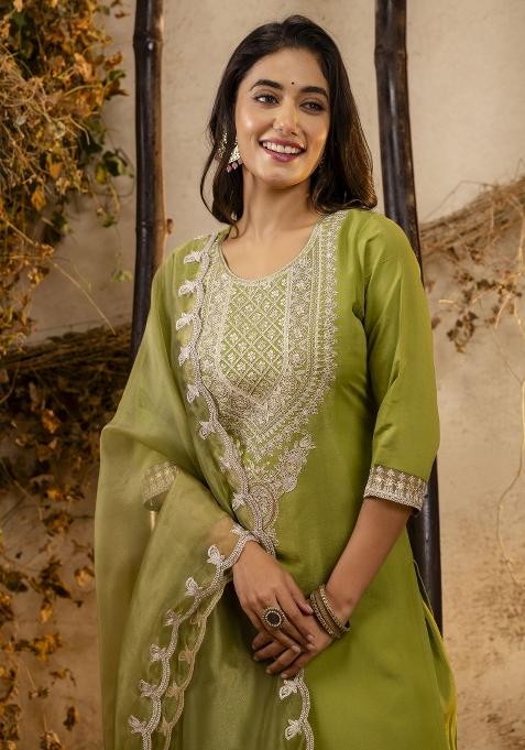 Pista Green Embroidererd Silk Blend Salwar Kameez With Dupatta