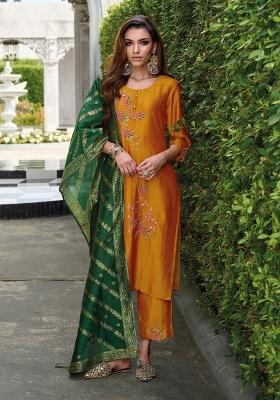 Mustard Yellow Embroidererd Viscose Silk Salwar Kameez With Dupatta