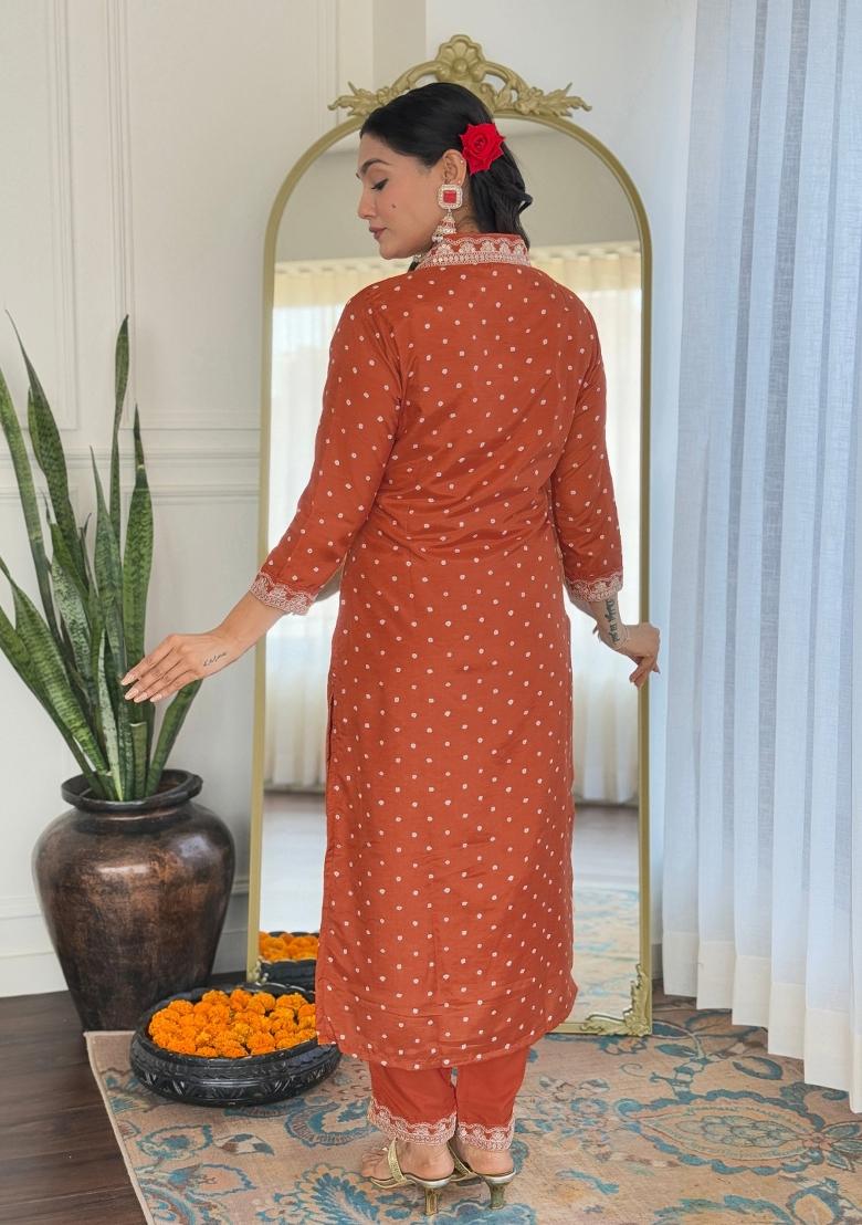 Orange Embroidererd Vichitra Silk Salwar Kameez With Dupatta