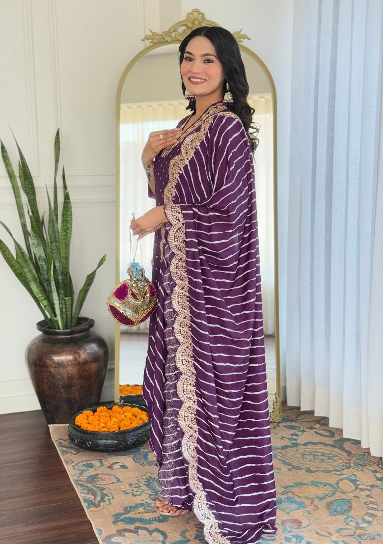 Wine Embroidererd Vichitra Silk Salwar Kameez With Dupatta