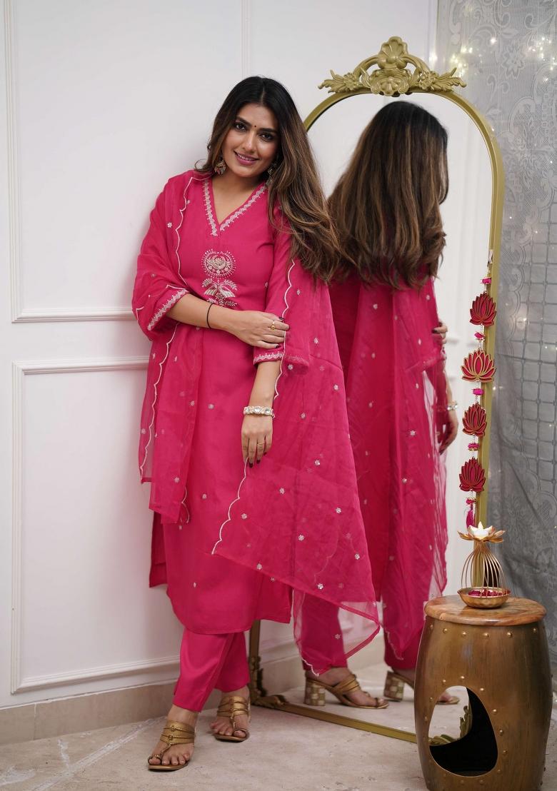 Pink Embroidererd Viscose Chanderi Salwar Kameez With Dupatta