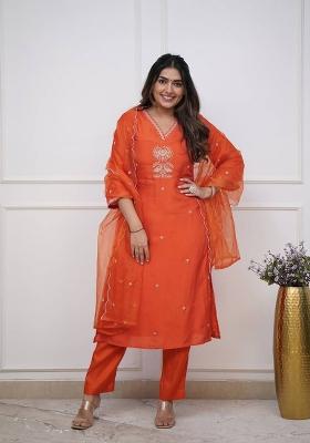 Orange Embroidererd Viscose Chanderi Salwar Kameez With Dupatta