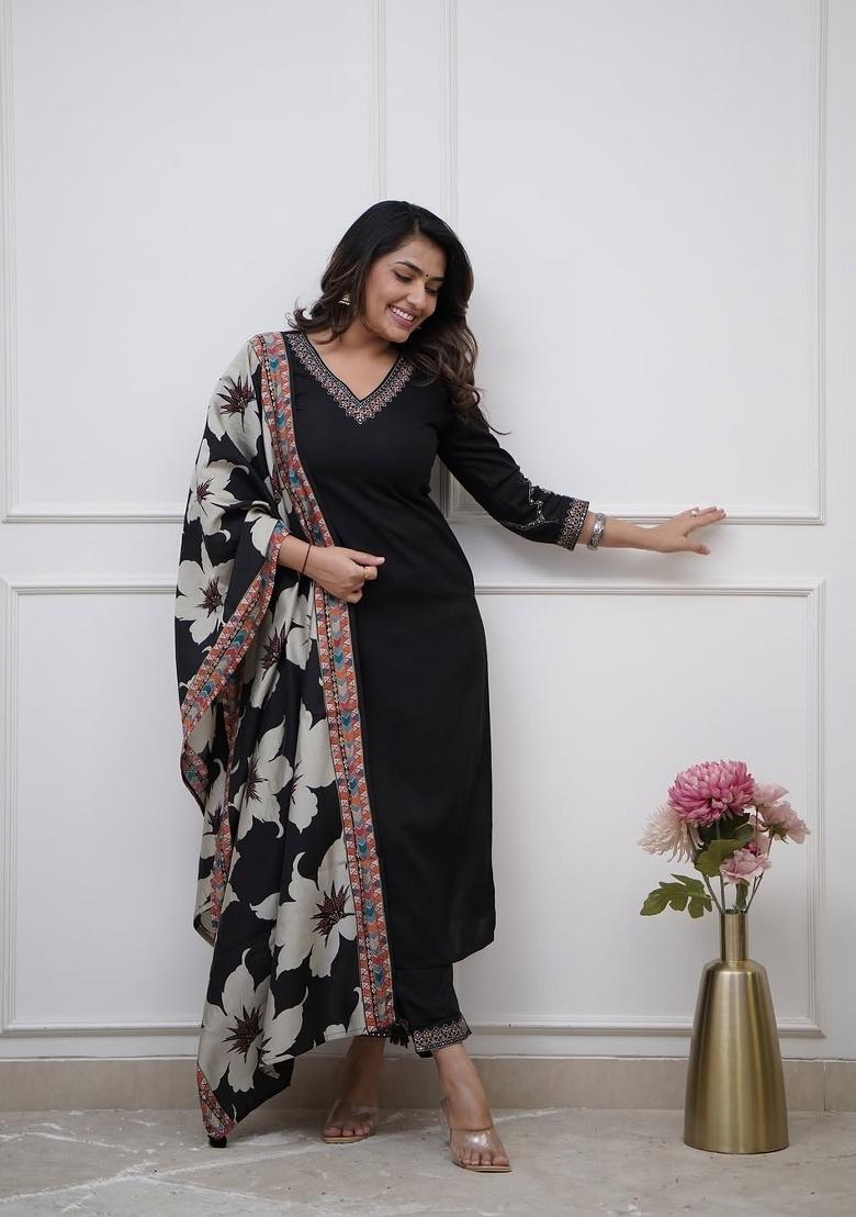 Black Embroidererd Viscose Silk Salwar Kameez With Dupatta