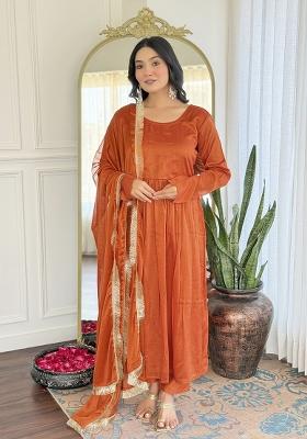 Orange Solid Vichitra Silk Salwar Kameez With Dupatta