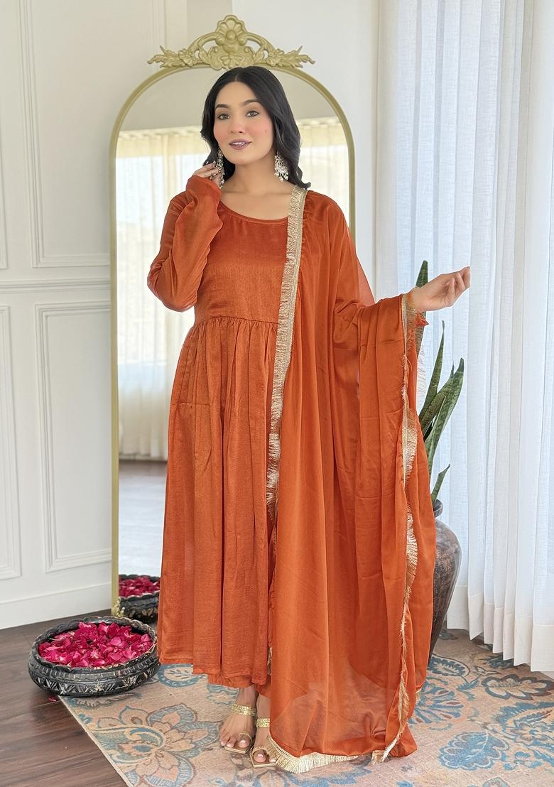 Orange Solid Vichitra Silk Salwar Kameez With Dupatta