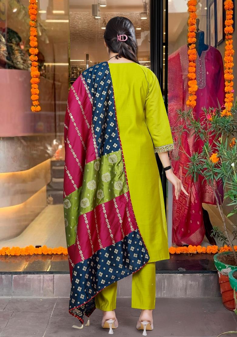 Lemon Yellow Embroidererd Viscose Chanderi Salwar Kameez With Dupatta