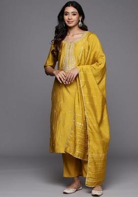Mustard Yellow Embroidererd Viscose Blend Salwar Kameez With Dupatta