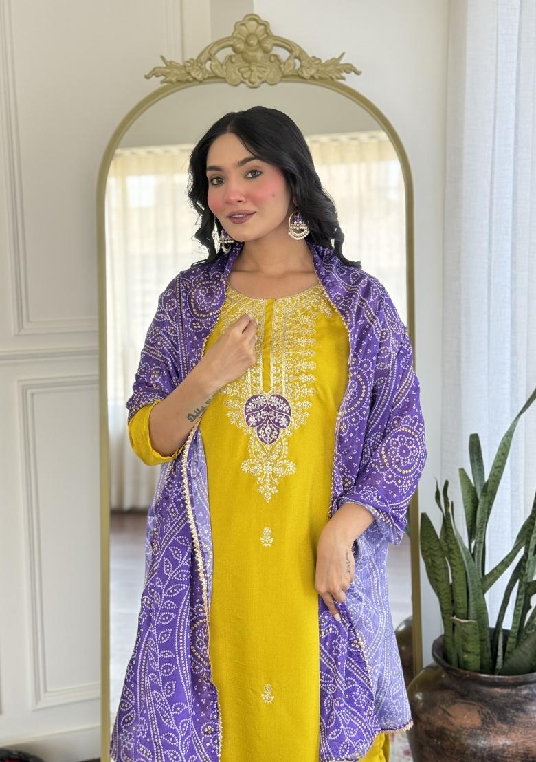 Mustard Yellow Embroidererd Vichitra Silk Salwar Kameez With Dupatta