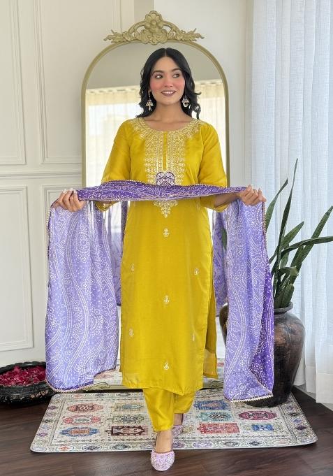 Mustard Yellow Embroidererd Vichitra Silk Salwar Kameez With Dupatta