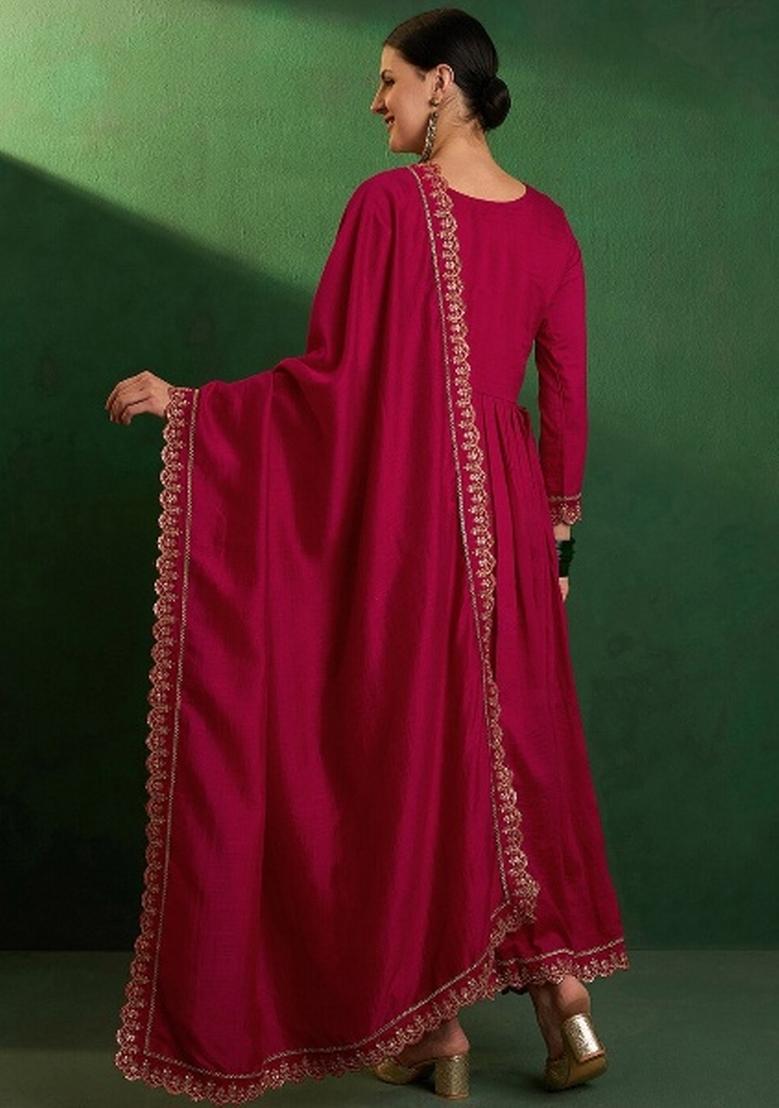 Red Embroidererd Vichitra Silk Salwar Kameez With Dupatta
