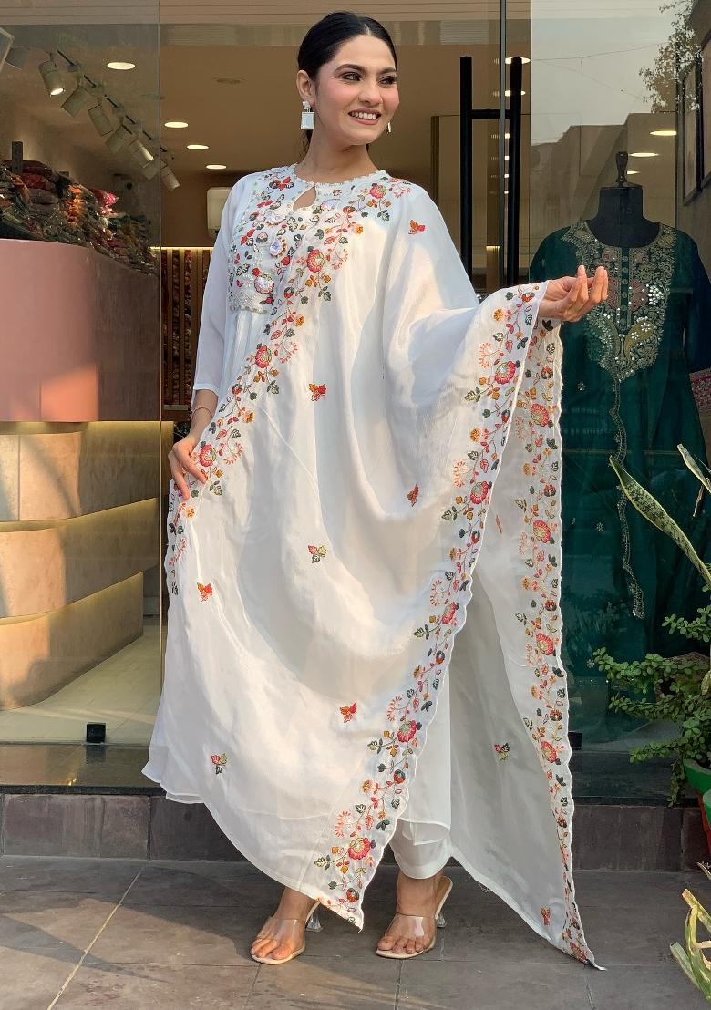 White Embroidererd Viscose Chinon Salwar Kameez With Dupatta
