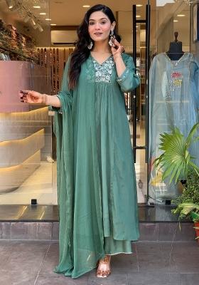 Green Embroidererd Viscose Chinon Salwar Kameez With Dupatta