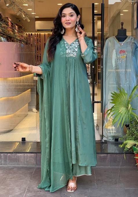 Green Embroidererd Viscose Chinon Salwar Kameez With Dupatta