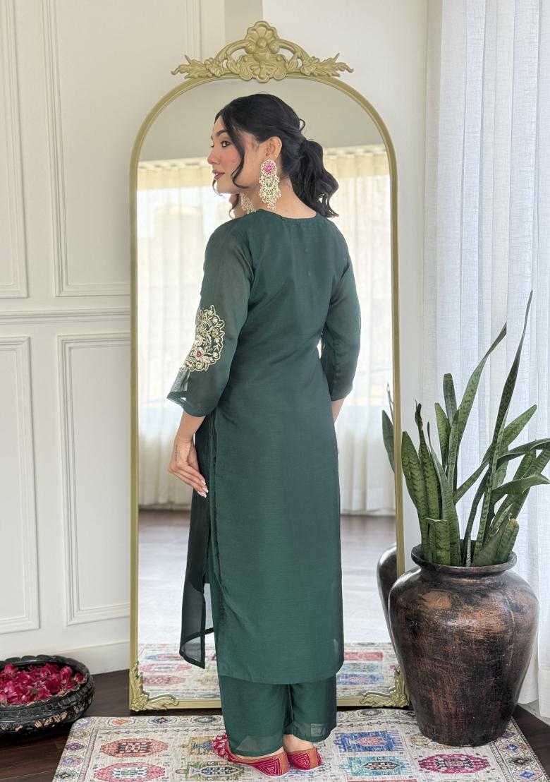 Green Embroidererd Vichitra Silk Salwar Kameez With Dupatta