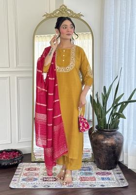Mustard Yellow Embroidererd Vichitra Silk Salwar Kameez With Dupatta