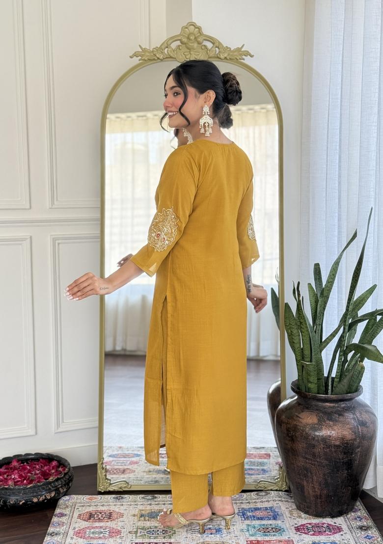 Mustard Yellow Embroidererd Vichitra Silk Salwar Kameez With Dupatta