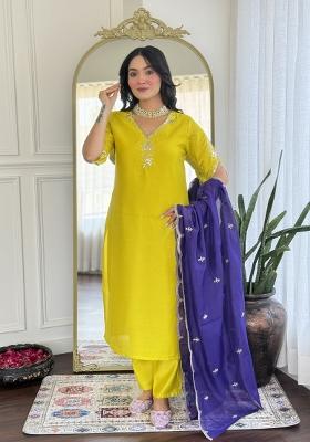 Lemon Yellow Embroidererd Viscose Chanderi Salwar Kameez With Dupatta